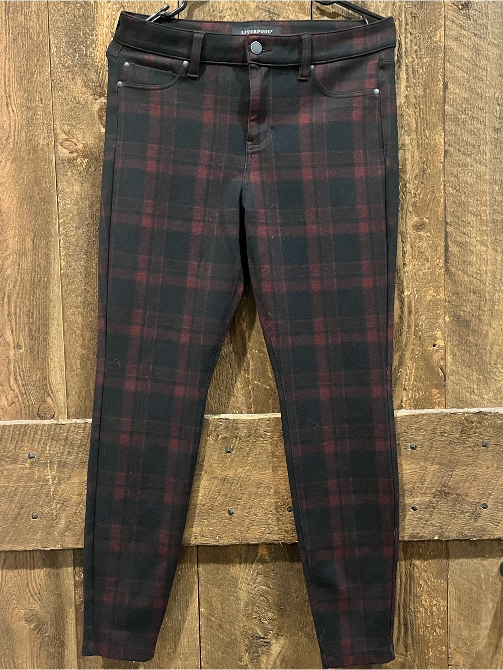 Liverpool Black and Burgundy Plaid High-Rise Leggings